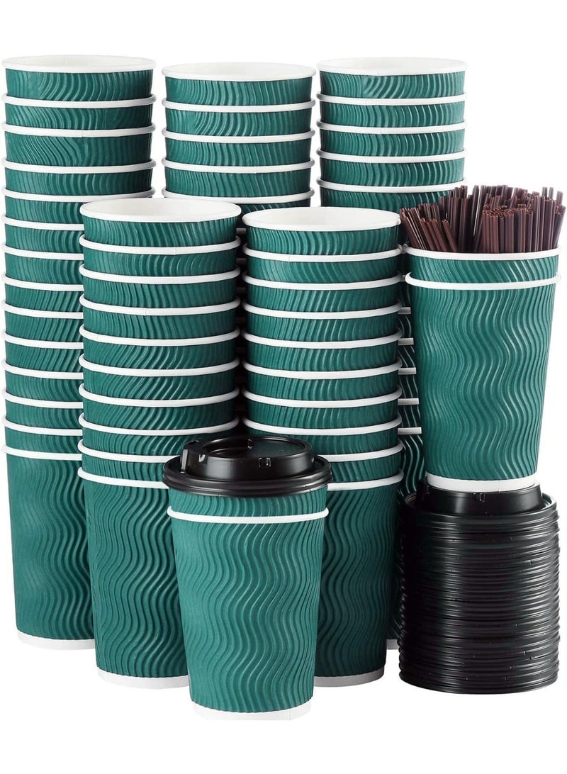 AoMige Disposable Coffee Cups with Lids and Straws (50 Set), Ripple Insulated Triple Corrugated Paper Cups,Durable Reusable Hot Paper Cups for Hot/Cold Beverages Espresso Tea Water (12 oz) - Image 1